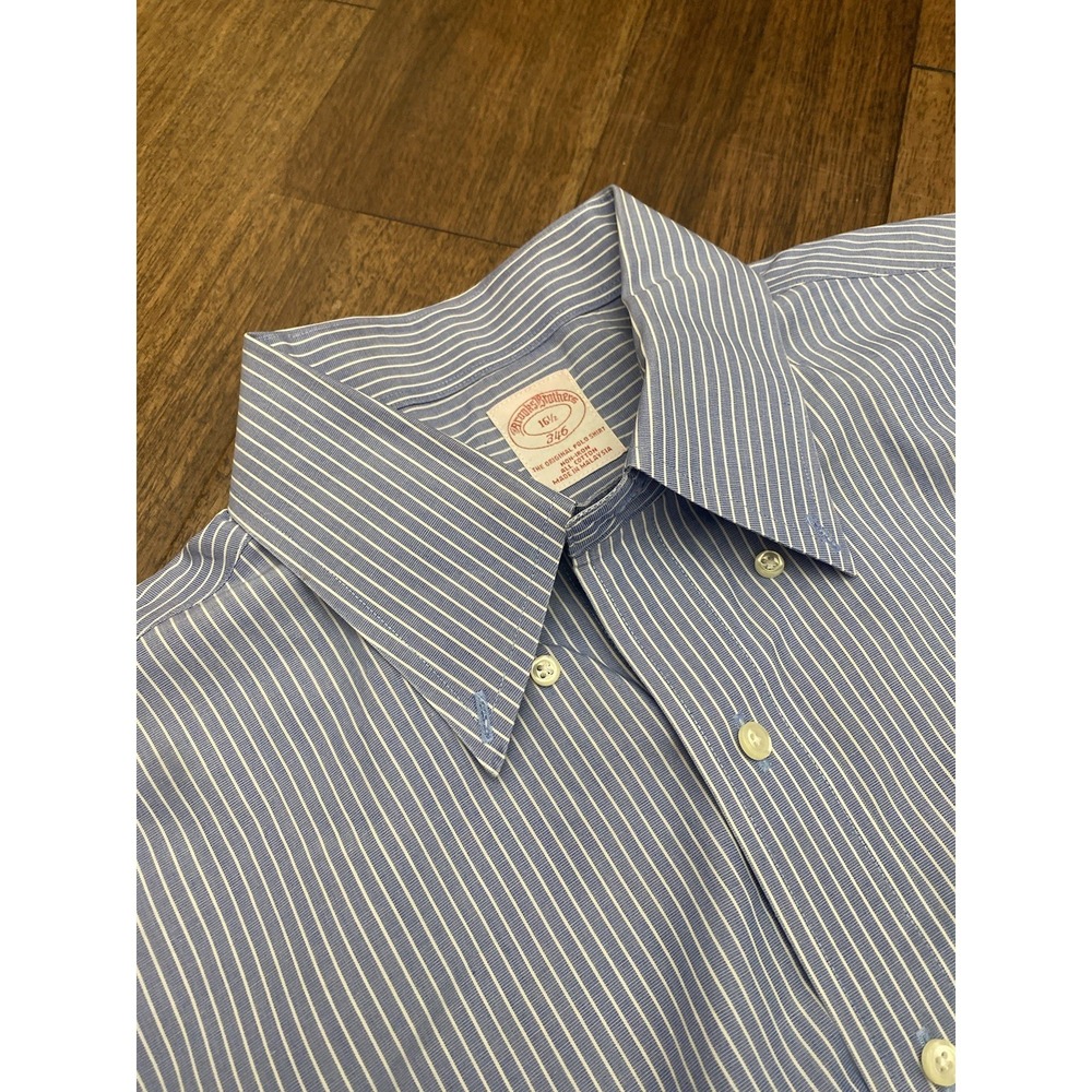 Brooks Brothers Madison Dress Shirt Blue Striped Short Sleeve Mens 16 1/2 - Picture 1 of 5